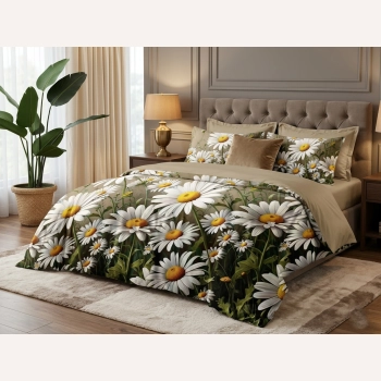 Pościel satynowa 160x200 w stokrotki – komplet premium PK815